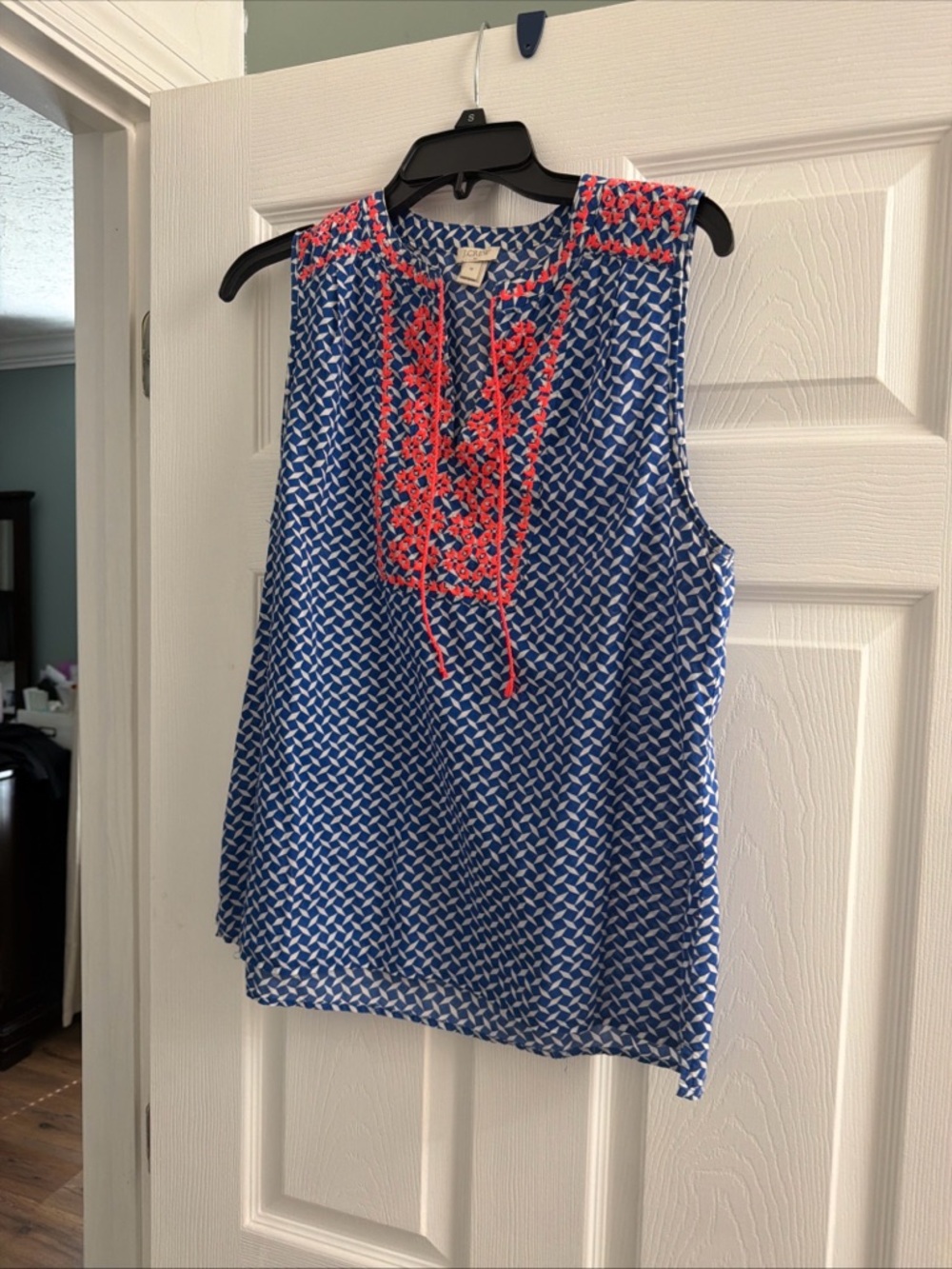 J. Crew Blue Geometric Sleeveless Top with Coral Embroidery